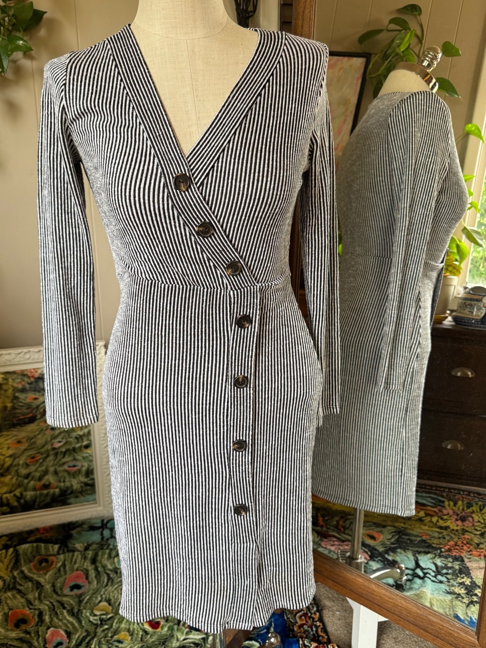 Caution To The Wind Black and White Striped Wrap-Style Button Dress, small